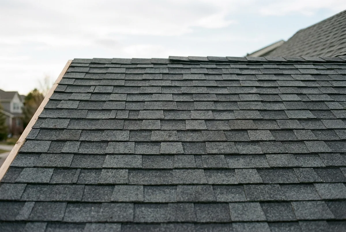 A straight-on view of a pitched roof slope covered in even courses of charcoal shingles in soft morning light