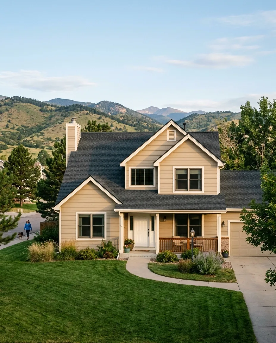The front of a two-story house with a clean gabled charcoal shingle roof, a green lawn and the foothills behind