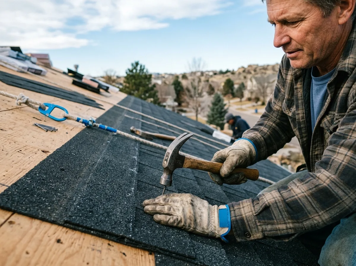 Gloved hands pressing a new charcoal shingle into its course and setting a roofing nail with a hammer