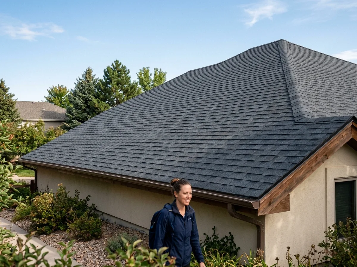 A roof of crisp new charcoal shingles rising to a neat ridge cap against a blue sky