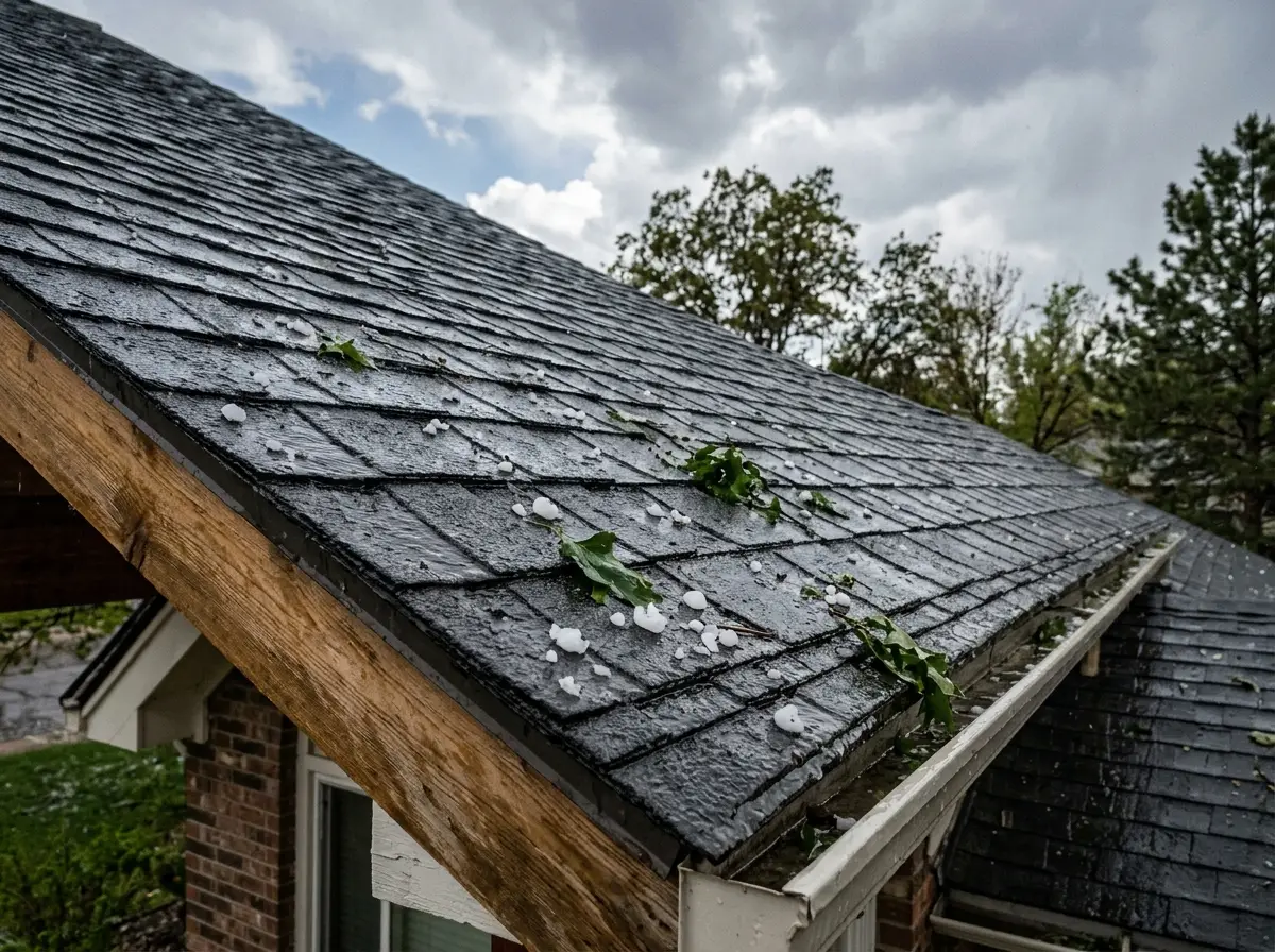 A wet charcoal shingle roof edge after a storm, scattered with small hailstones and torn green leaves