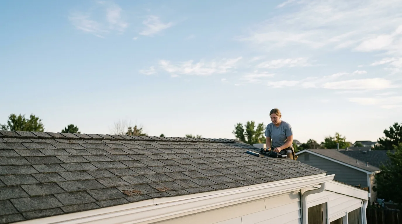 A low ridge of charcoal shingles along the bottom of a wide, pale morning sky with thin high clouds