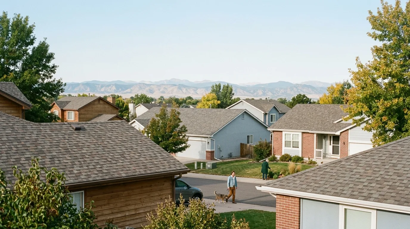 A quiet suburban street of pitched shingle rooftops with the Colorado foothills low on the horizon