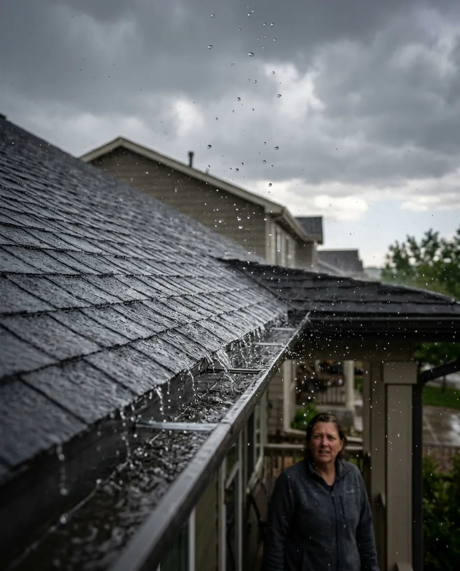 Heavy rain streaming off the edge of a dark shingle roof into a metal gutter under a gray storm sky